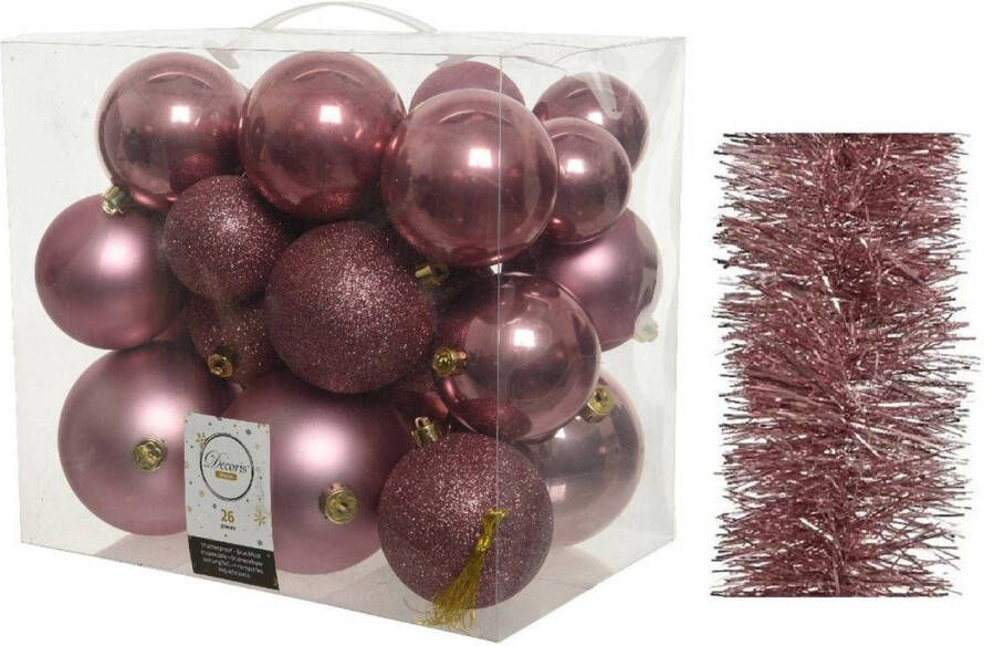 Decoris Kerstversiering kunststof kerstballen 6-8-10 cm met folieslingers pakket oud roze van 28x stuks Kerstbal