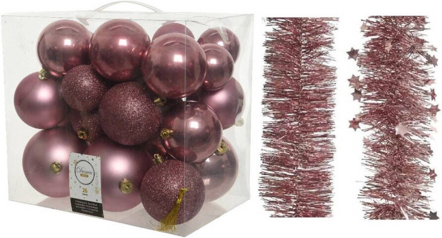 Decoris Kerstversiering kunststof kerstballen 6-8-10 cm met folieslingers pakket oud roze van 28x stuks Kerstbal