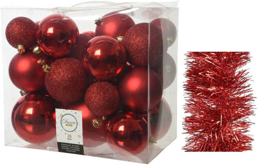 Decoris Kerstversiering kunststof kerstballen 6-8-10 cm met folieslingers pakket rood van 28x stuks Kerstbal