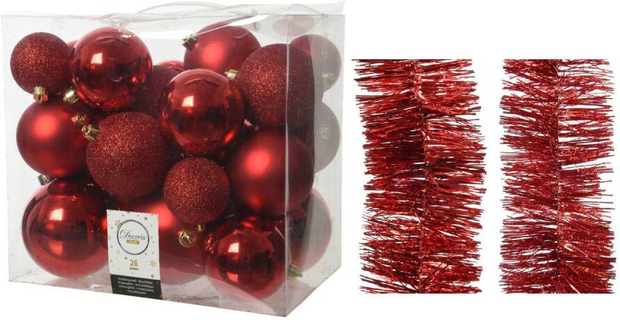 Decoris Kerstversiering kunststof kerstballen 6-8-10 cm met folieslingers pakket rood van 28x stuks Kerstbal