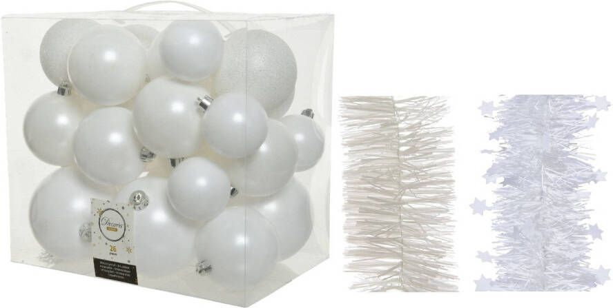 Decoris Kerstversiering kunststof kerstballen 6-8-10 cm met folieslingers pakket winter wit van 28x stuks Kerstbal