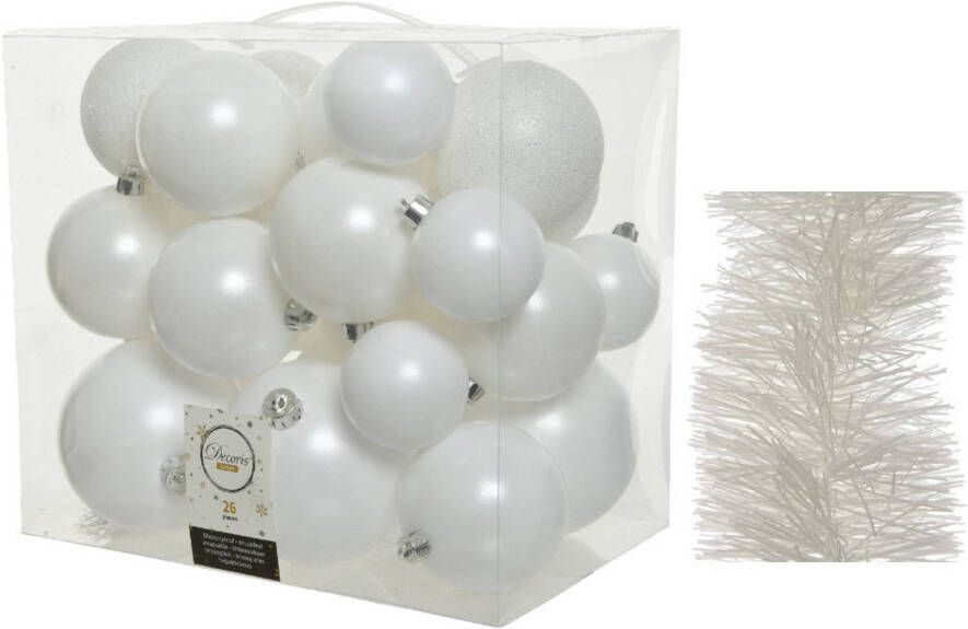 Decoris Kerstversiering kunststof kerstballen 6-8-10 cm met folieslingers pakket winter wit van 28x stuks Kerstbal