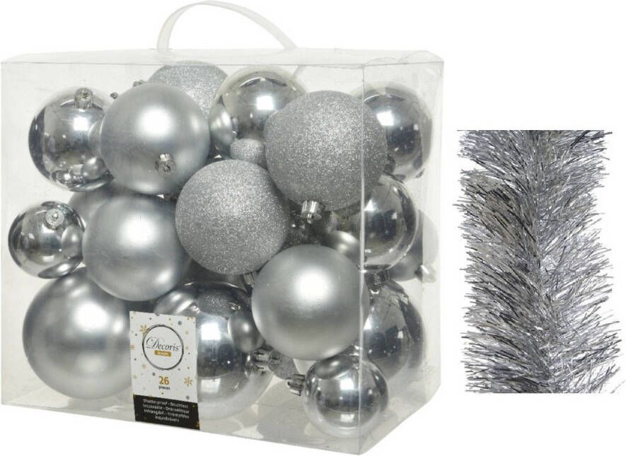 Decoris Kerstversiering kunststof kerstballen 6-8-10 cm met folieslingers pakket zilver van 28x stuks Kerstbal