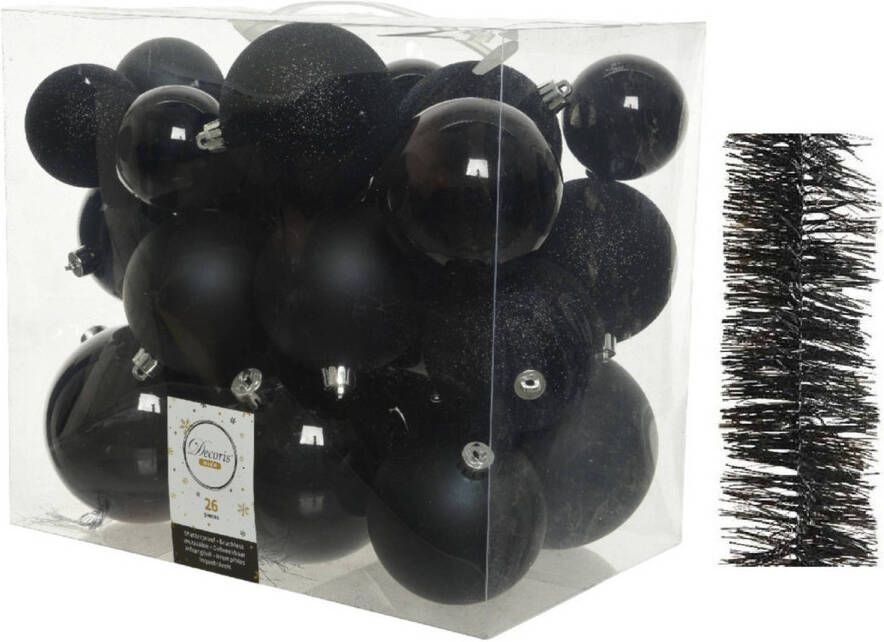 Decoris Kerstversiering kunststof kerstballen 6-8-10 cm met folieslingers pakket zwart van 28x stuks Kerstbal