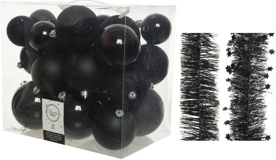 Decoris Kerstversiering kunststof kerstballen 6-8-10 cm met folieslingers pakket zwart van 28x stuks Kerstbal