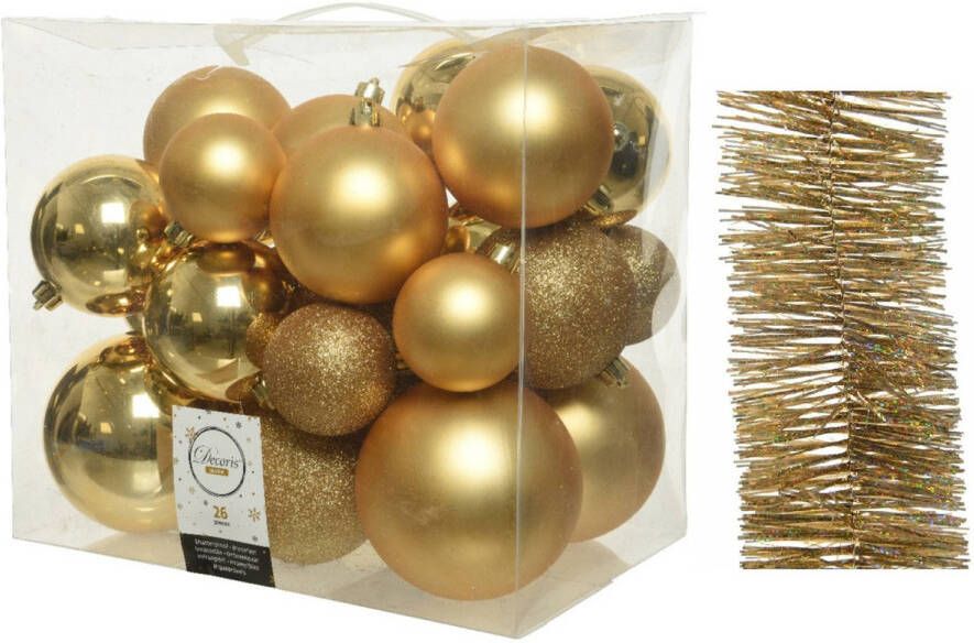 Decoris Kerstversiering kunststof kerstballen 6-8-10 cm met glitter folieslingers pakket goud van 28x stuks Kerstbal