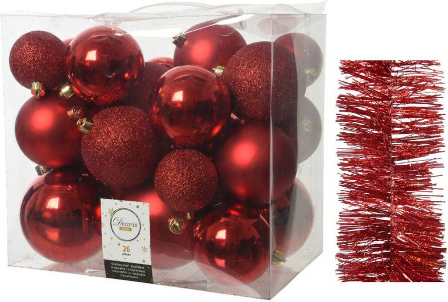 Decoris Kerstversiering kunststof kerstballen 6-8-10 cm met glitter folieslingers pakket rood van 28x stuks Kerstbal