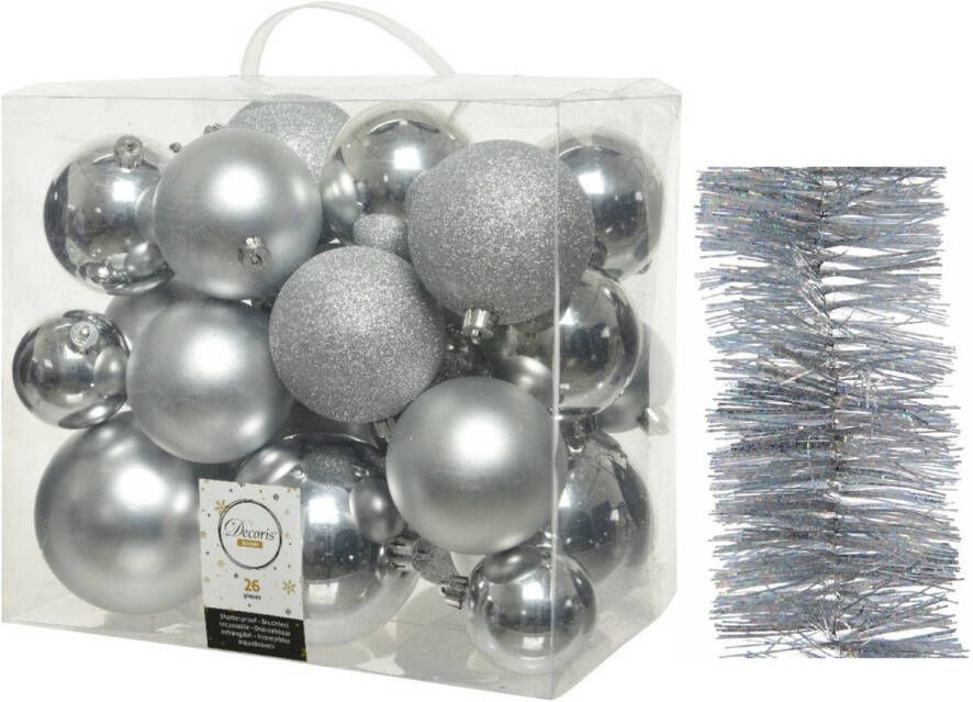 Decoris Kerstversiering kunststof kerstballen 6-8-10 cm met glitter slingers pakket zilver van 28x stuks Kerstbal