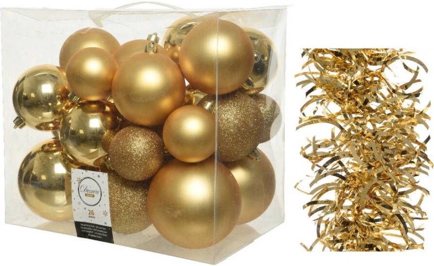 Decoris Kerstversiering kunststof kerstballen 6-8-10 cm met golf folieslingers pakket goud van 28x stuks Kerstbal