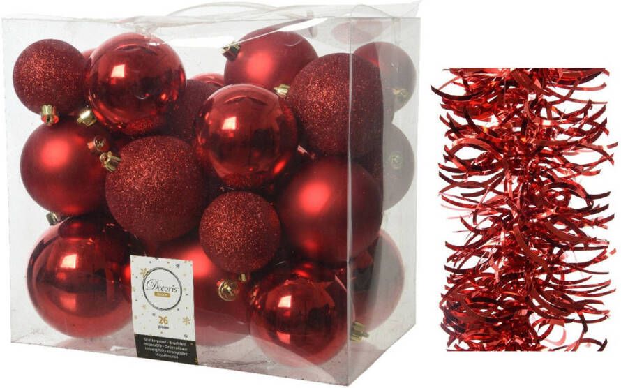 Decoris Kerstversiering kunststof kerstballen 6-8-10 cm met golf folieslingers pakket rood van 28x stuks Kerstbal