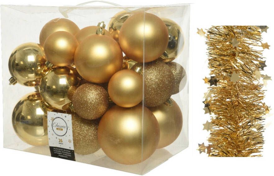 Decoris Kerstversiering kunststof kerstballen 6-8-10 cm met sterren folieslingers pakket goud van 28x stuks Kerstbal