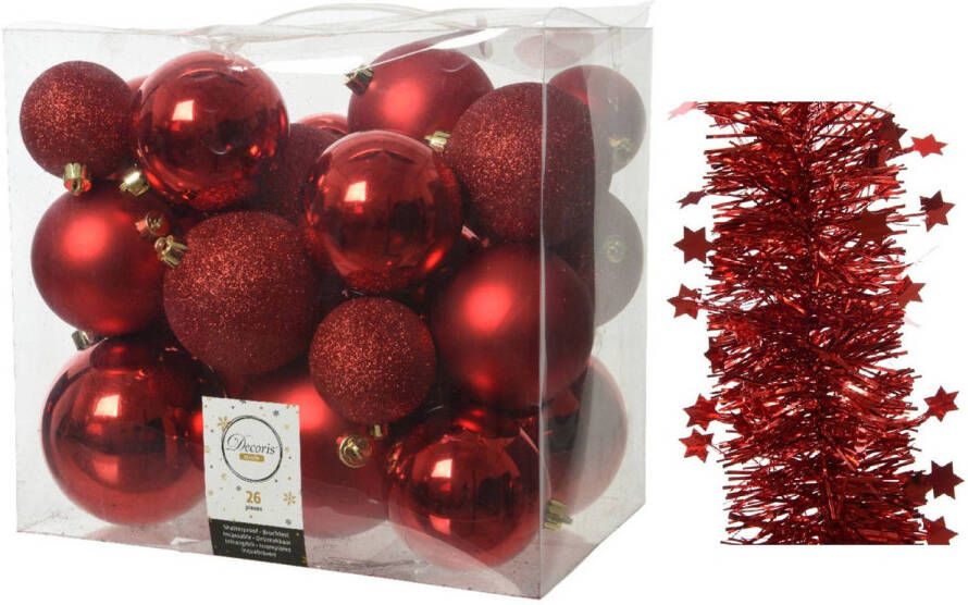 Decoris Kerstversiering kunststof kerstballen 6-8-10 cm met sterren folieslingers pakket rood van 28x stuks Kerstbal
