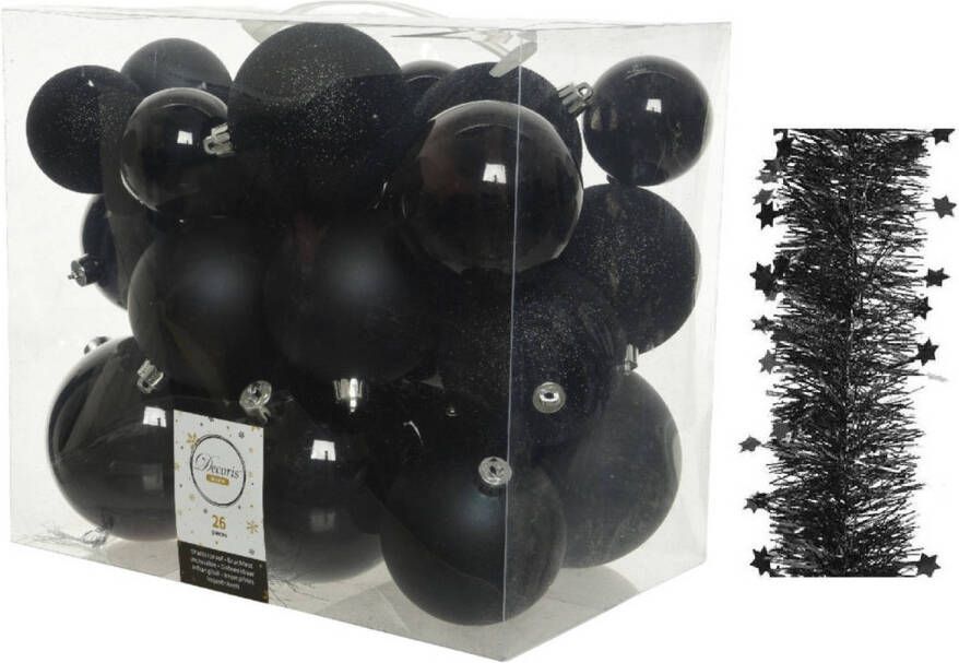 Decoris Kerstversiering kunststof kerstballen 6-8-10 cm met sterren folieslingers pakket zwart van 28x stuks Kerstbal