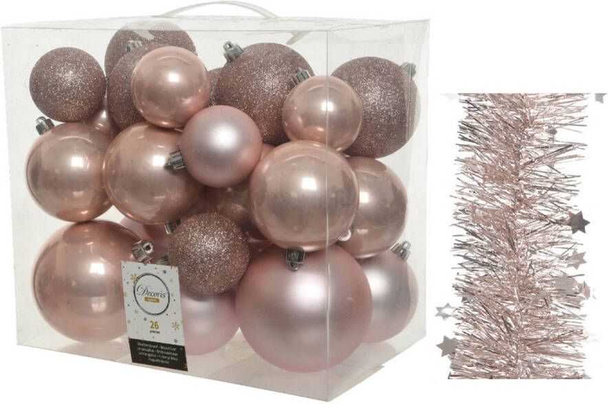 Decoris Kerstversiering kunststof kerstballen 6-8-10 cm met sterren slingers pakket lichtroze van 28x stuks Kerstbal