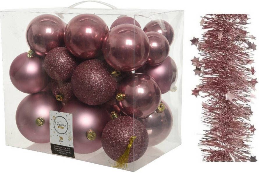 Decoris Kerstversiering kunststof kerstballen 6-8-10 cm met sterren slingers pakket oud roze van 28x stuks Kerstbal