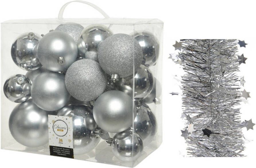Decoris Kerstversiering kunststof kerstballen 6-8-10 cm met sterren slingers pakket zilver van 28x stuks Kerstbal