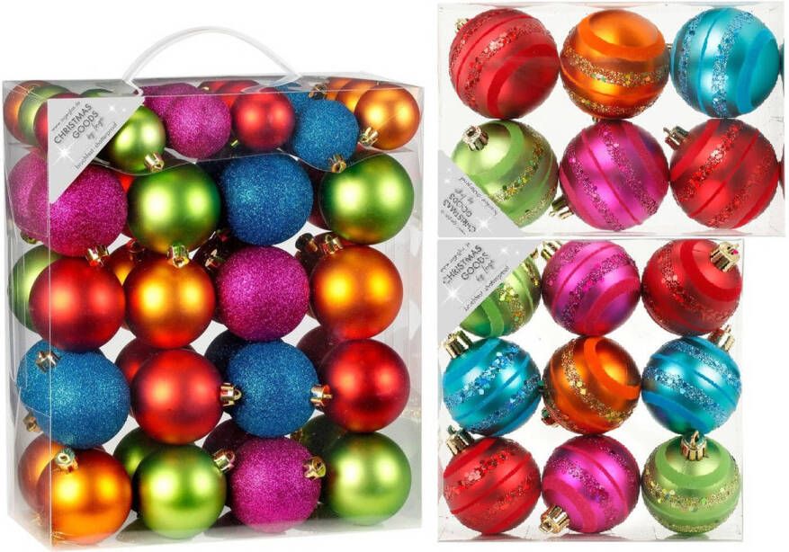 Decoris Kerstversiering kunststof kerstballen bonte mix kleuren 4-6-8 cm pakket van 65x stuks Kerstbal
