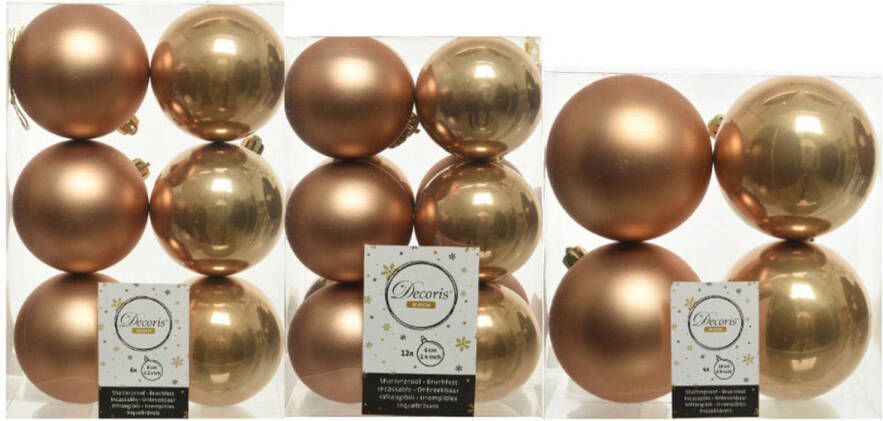 Decoris Kerstversiering kunststof kerstballen camel bruin 6-8-10 cm pakket van 22x stuks Kerstbal