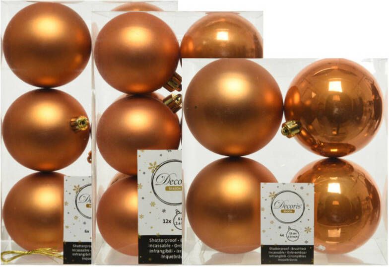 Decoris Kerstversiering kunststof kerstballen cognac bruin 6-8-10 cm pakket van 22x stuks Kerstbal