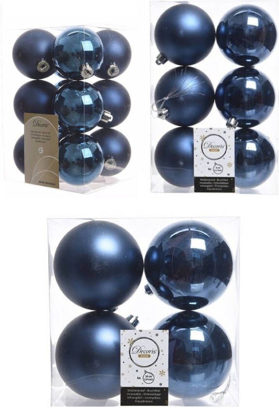 Decoris Kerstversiering kunststof kerstballen donkerblauw 6-8-10 cm pakket van 22x stuks Kerstbal