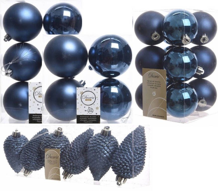 Decoris Kerstversiering kunststof kerstballen donkerblauw 6-8-10 cm pakket van 50x stuks Kerstbal