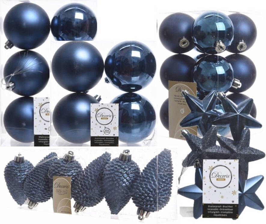 Decoris Kerstversiering kunststof kerstballen donkerblauw 6-8-10 cm pakket van 62x stuks Kerstbal
