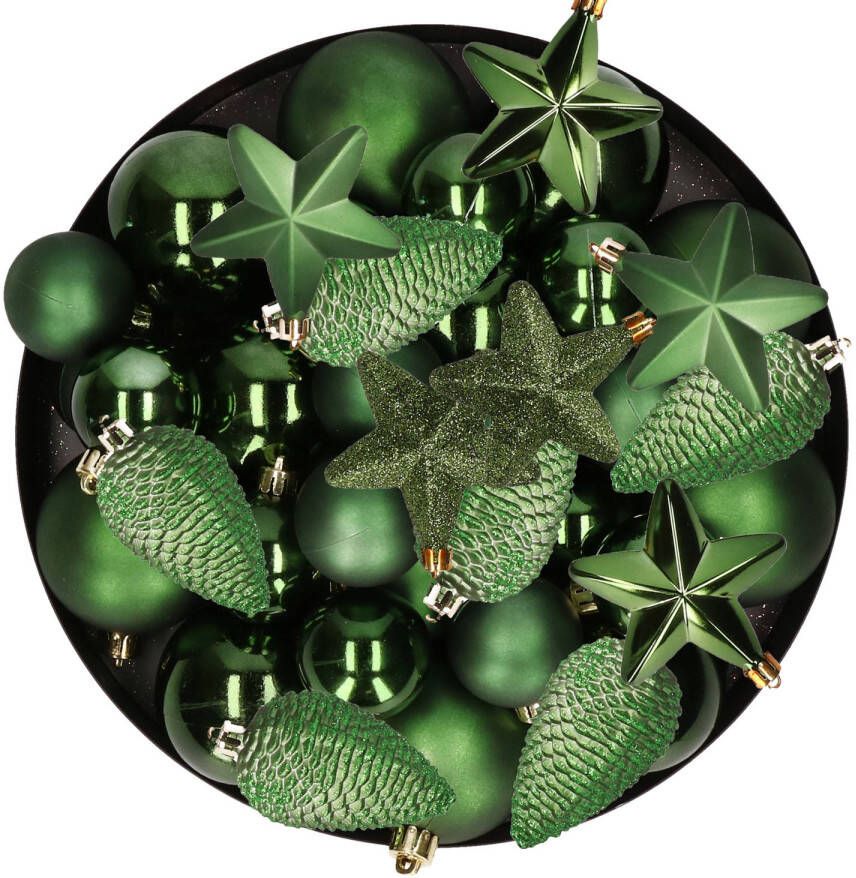 Decoris Kerstversiering kunststof kerstballen donkergroen 6-8-10 cm pakket van 62x stuks Kerstbal