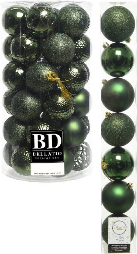 Decoris Kerstversiering kunststof kerstballen donkergroen 6-8 cm pakket van 51x stuks Kerstbal