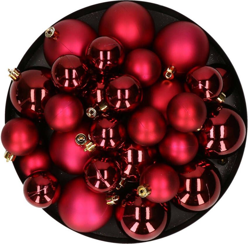 Decoris Kerstversiering kunststof kerstballen donkerrood 6-8-10 cm pakket van 44x stuks Kerstbal