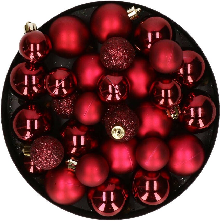 Decoris Kerstversiering kunststof kerstballen donkerrood 6-8-10 cm pakket van 46x stuks Kerstbal