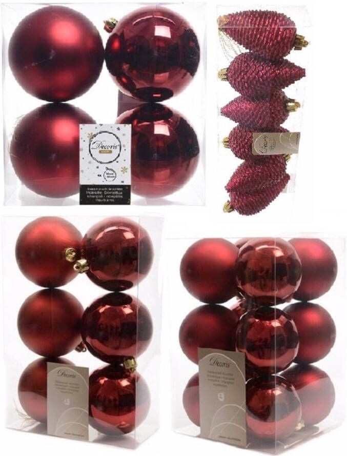 Decoris Kerstversiering kunststof kerstballen donkerrood 6-8-10 cm pakket van 50x stuks Kerstbal