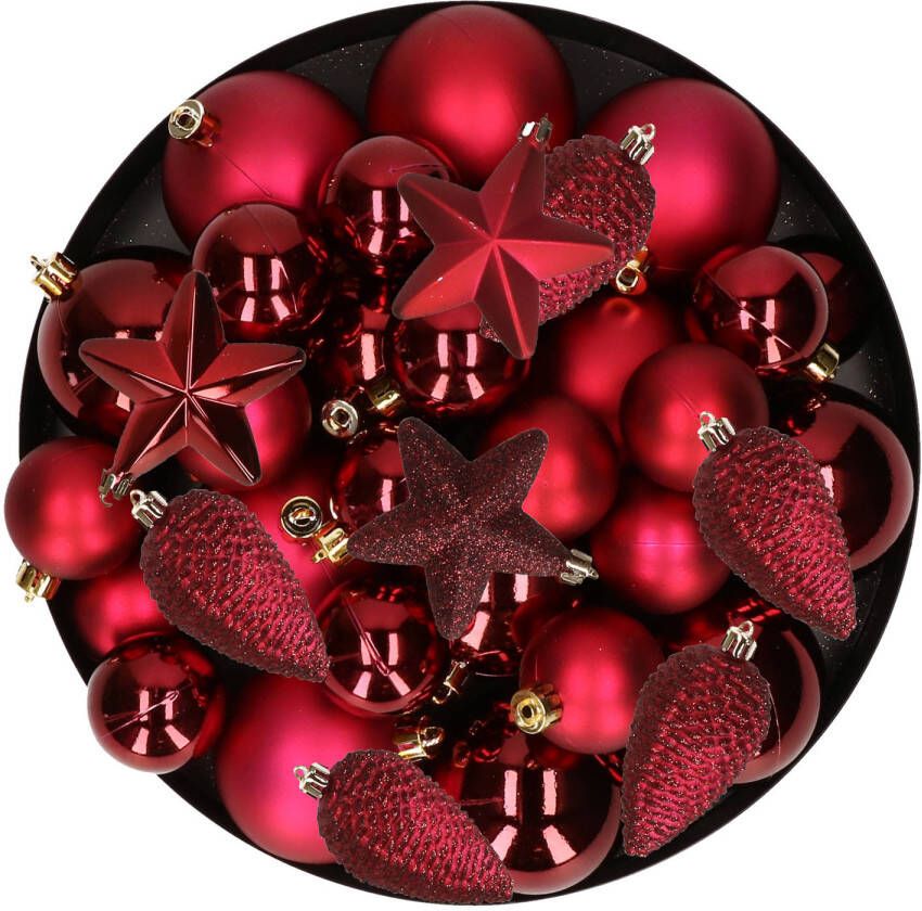 Decoris Kerstversiering kunststof kerstballen donkerrood 6-8-10 cm pakket van 62x stuks Kerstbal