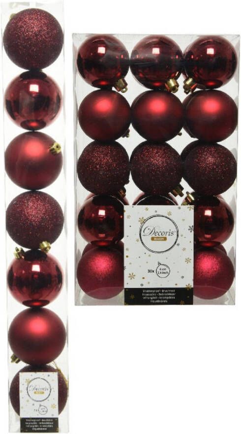 Decoris Kerstversiering kunststof kerstballen donkerrood 6-8 cm pakket van 44x stuks Kerstbal