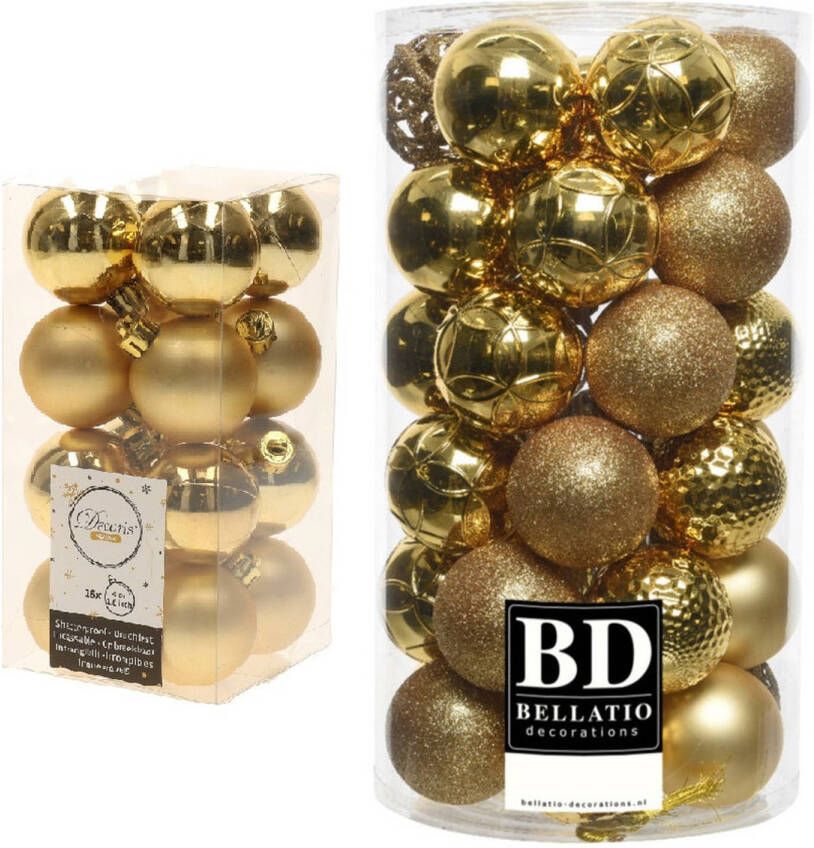 Decoris Kerstversiering kunststof kerstballen goud 4-6 cm pakket van 53x stuks Kerstbal