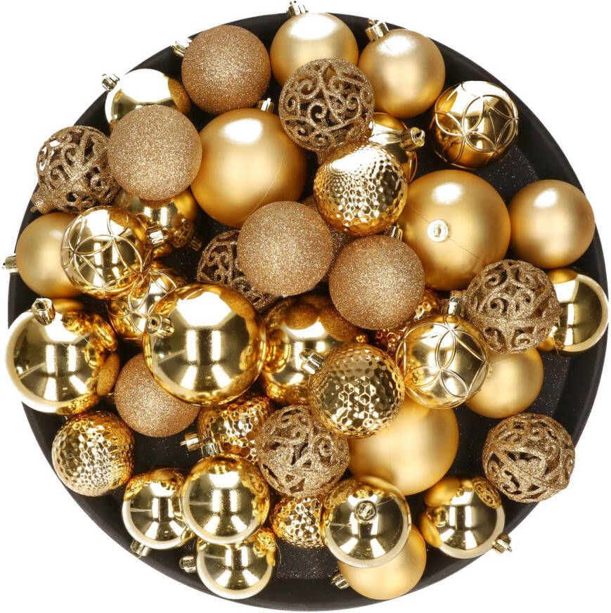 Decoris Kerstversiering kunststof kerstballen goud 6-8-10 cm pakket van 36x stuks Kerstbal