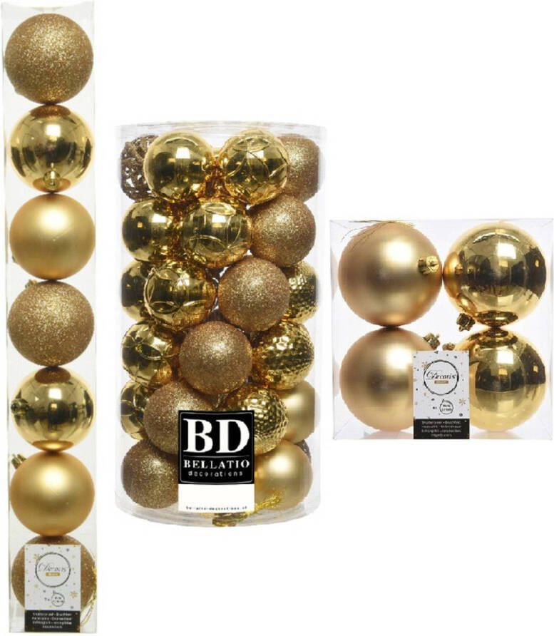 Decoris Kerstversiering kunststof kerstballen goud 6-8-10 cm pakket van 59x stuks Kerstbal