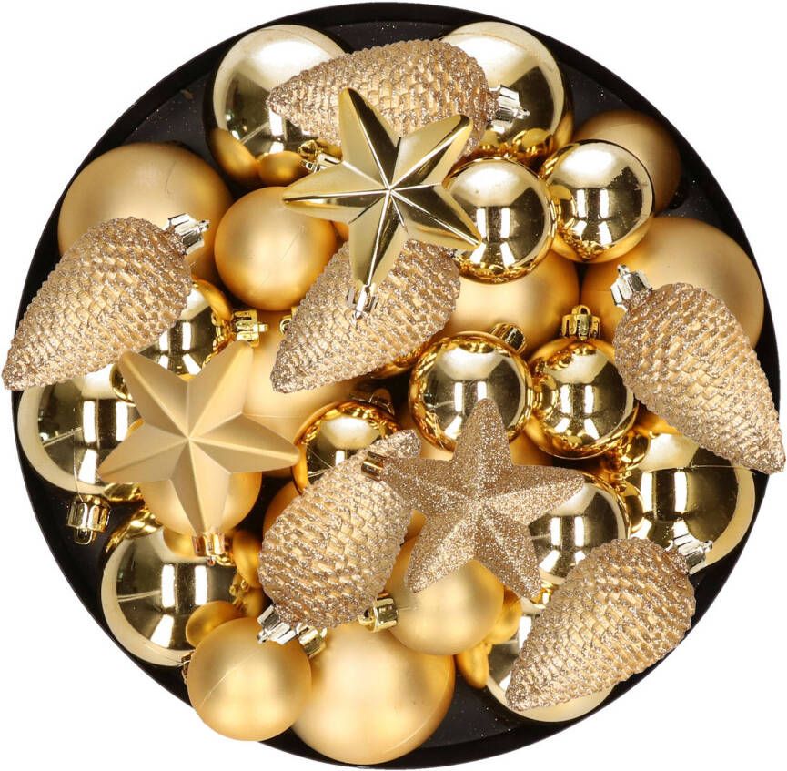 Decoris Kerstversiering kunststof kerstballen goud 6-8-10 cm pakket van 68x stuks Kerstbal