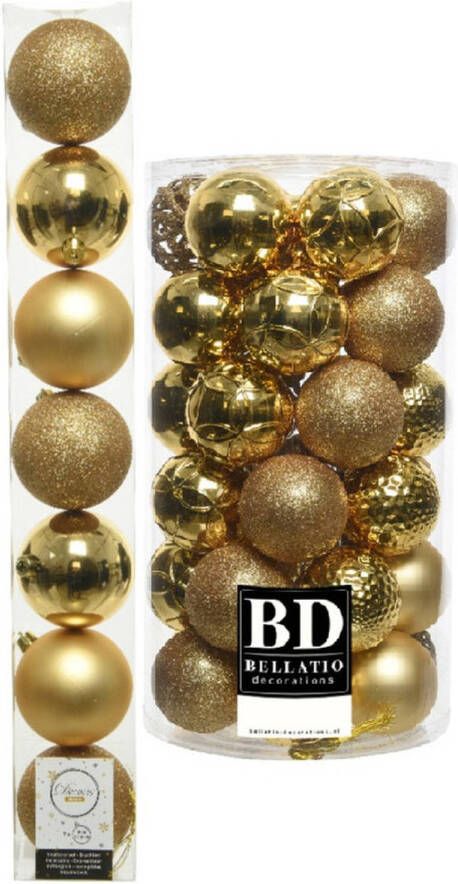 Decoris Kerstversiering kunststof kerstballen goud 6-8 cm pakket van 51x stuks Kerstbal