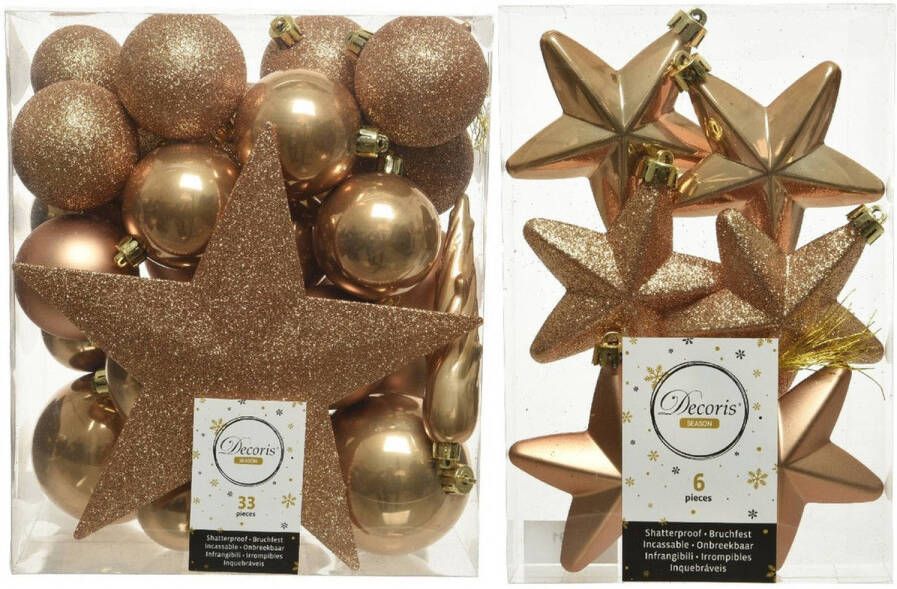 Decoris Kerstversiering kunststof kerstballen met piek camel bruin 5-6-8 cm pakket van 39x stuks Kerstbal