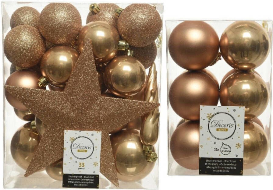 Decoris Kerstversiering kunststof kerstballen met piek camel bruin 5-6-8 cm pakket van 45x stuks Kerstbal