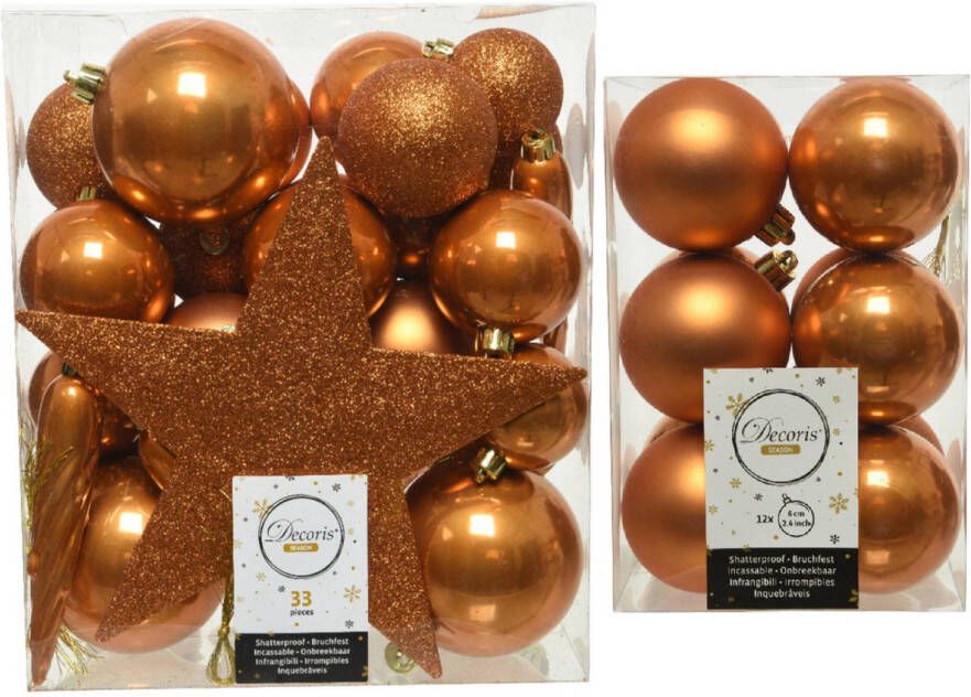 Decoris Kerstversiering kunststof kerstballen met piek cognac bruin 5-6-8 cm pakket van 45x stuks Kerstbal