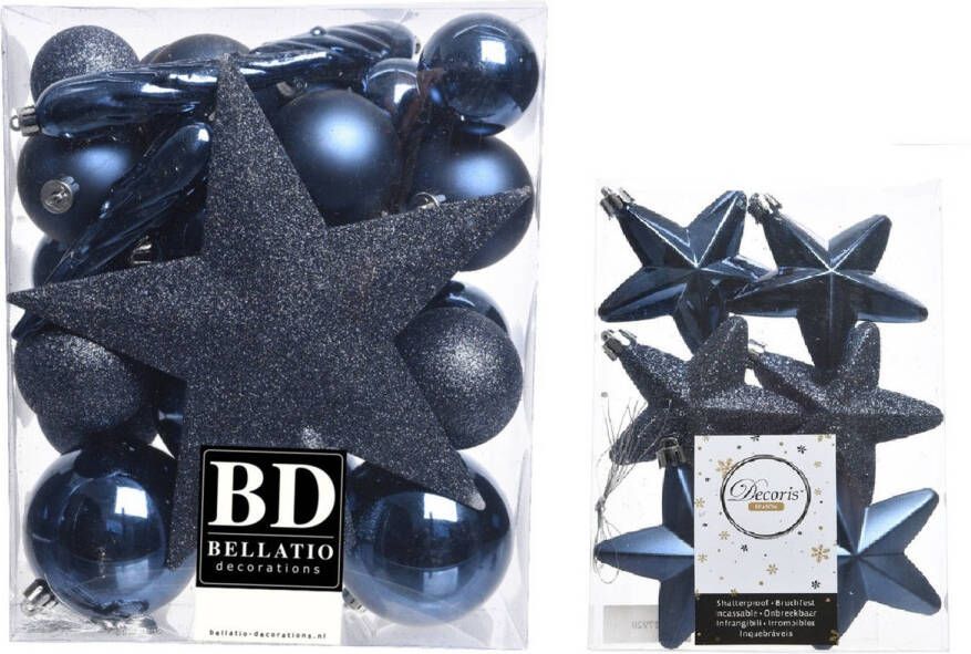 Decoris Kerstversiering kunststof kerstballen met piek donkerblauw 5-6-8 cm pakket van 39x stuks Kerstbal