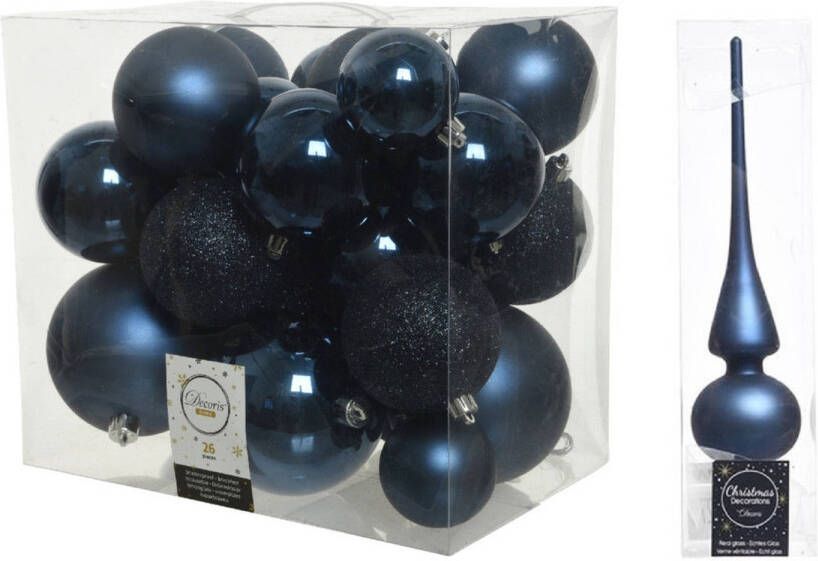 Decoris Kerstversiering kunststof kerstballen met piek donkerblauw 6-8-10 cm pakket van 27x stuks Kerstbal