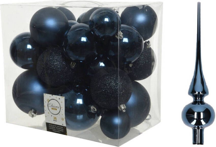 Decoris Kerstversiering kunststof kerstballen met piek donkerblauw 6-8-10 cm pakket van 27x stuks Kerstbal