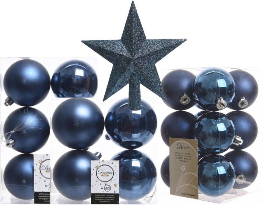 Decoris Kerstversiering kunststof kerstballen met piek donkerblauw 6-8-10 cm pakket van 45x stuks Kerstbal