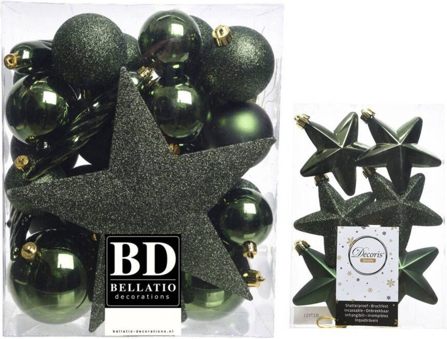 Decoris Kerstversiering kunststof kerstballen met piek donkergroen 5-6-8 cm pakket van 39x stuks Kerstbal