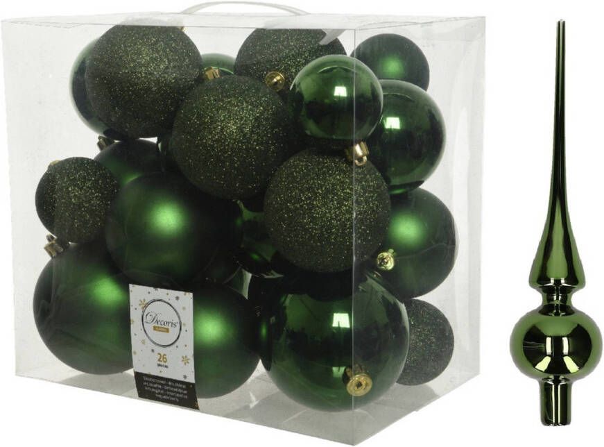 Decoris Kerstversiering kunststof kerstballen met piek donkergroen 6-8-10 cm pakket van 27x stuks Kerstbal
