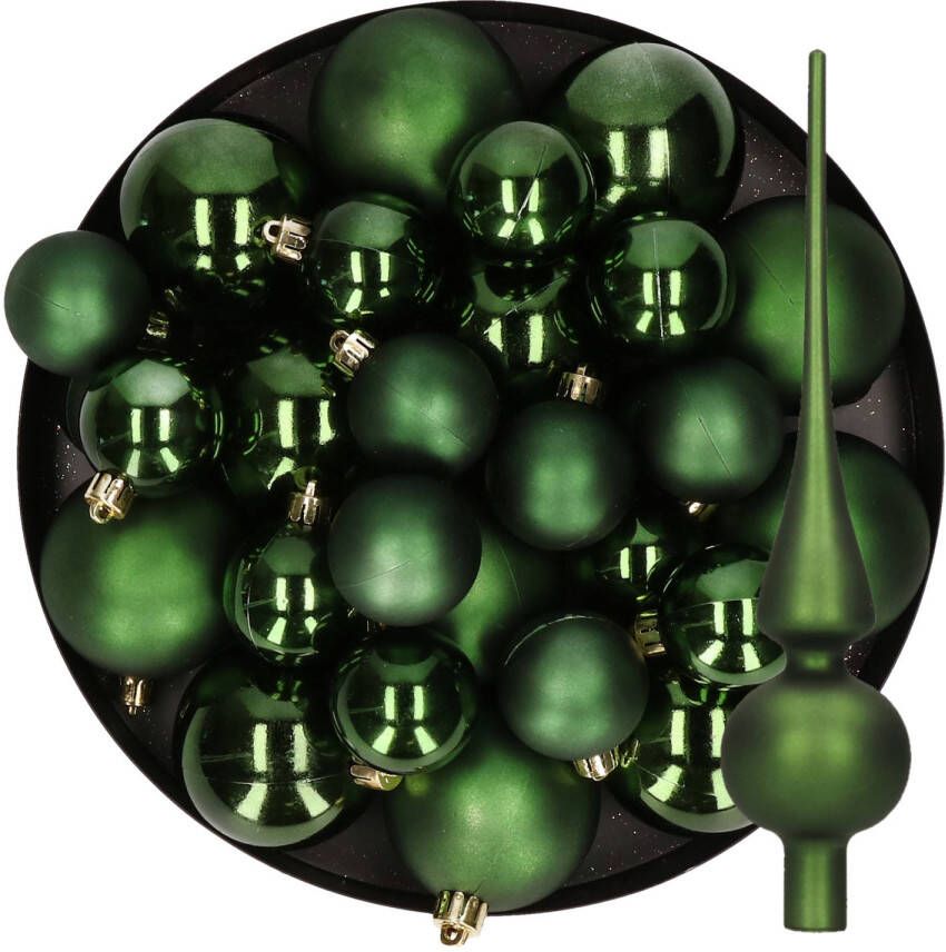 Decoris Kerstversiering kunststof kerstballen met piek donkergroen 6-8-10 cm pakket van 45x stuks Kerstbal
