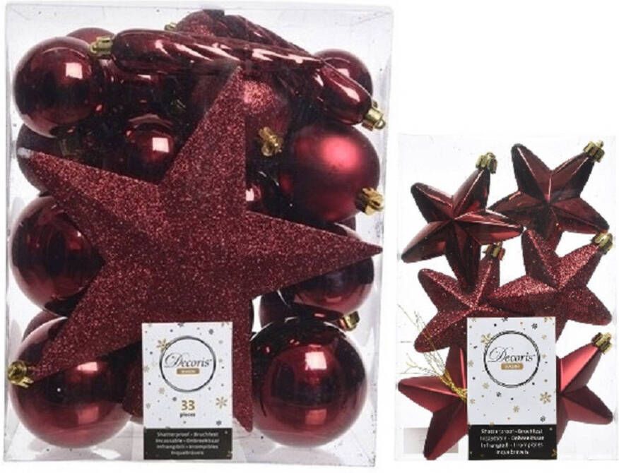 Decoris Kerstversiering kunststof kerstballen met piek donkerrood 5-6-8 cm pakket van 39x stuks Kerstbal