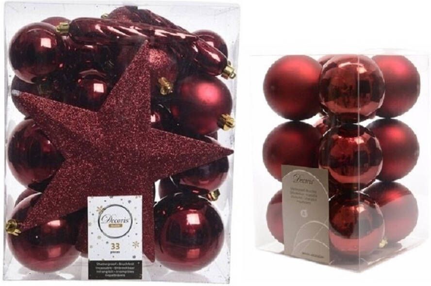 Decoris Kerstversiering kunststof kerstballen met piek donkerrood 5-6-8 cm pakket van 45x stuks Kerstbal
